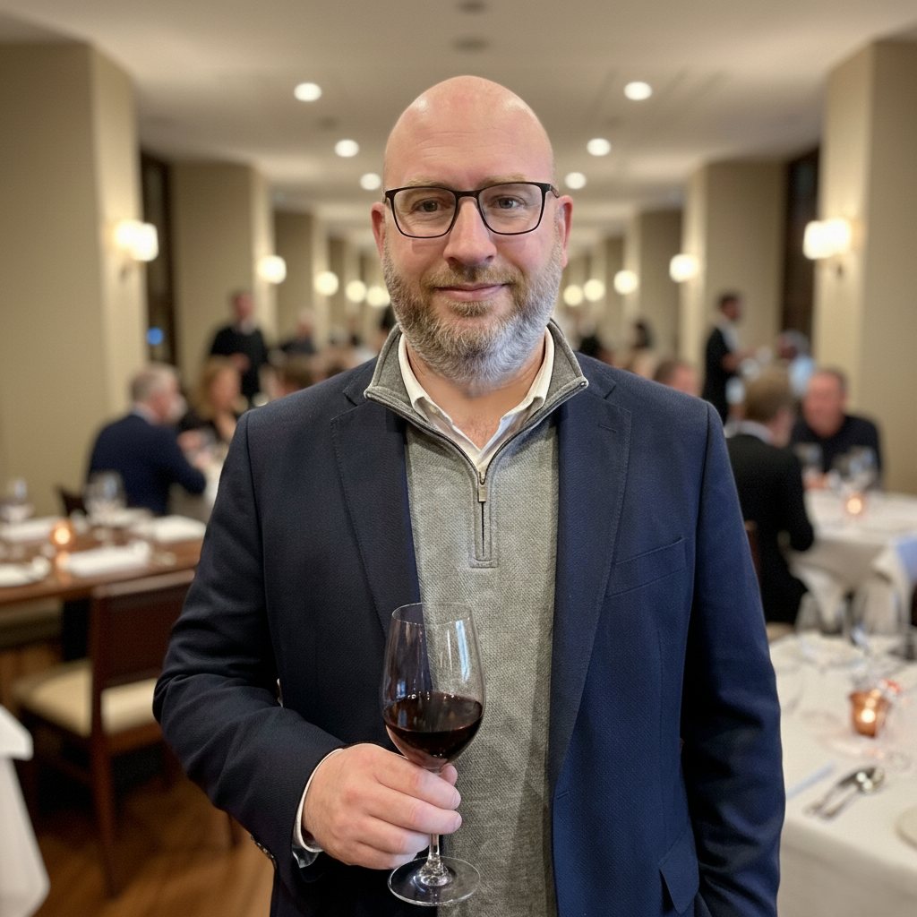 Alastair Cassie holding a glass of red wine in a restaurant